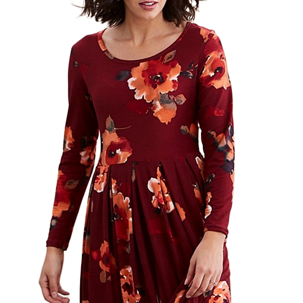 FLORAL BURGUNDY & PEACH PLEATED MIDI DRESS - Picture 2 of 9